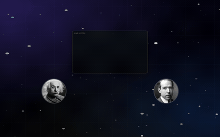 Einstein and Niels Bohr debating in Quantum Salon while a blackboard sketches their ideas