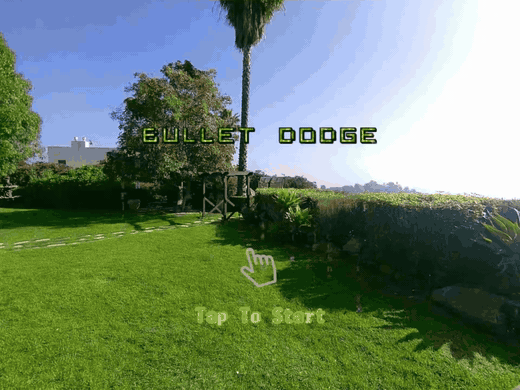 Bullet Dodge mixed reality game with Matrix-style digital rain in a lounge