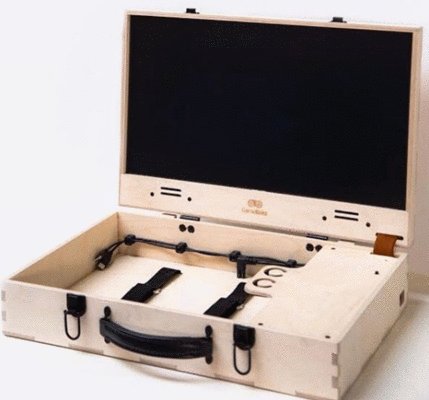 GameBoks wooden portable gaming case with built-in monitor
